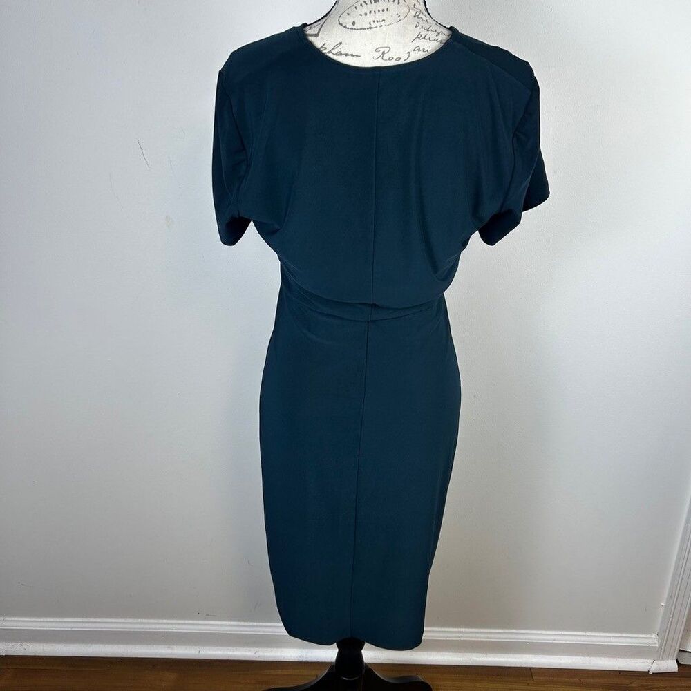 Anne Klein Dress Womens 10 Green Teal Faux Wrap V-Neck Short Sleeve Sheath Midi - Picture 5 of 10